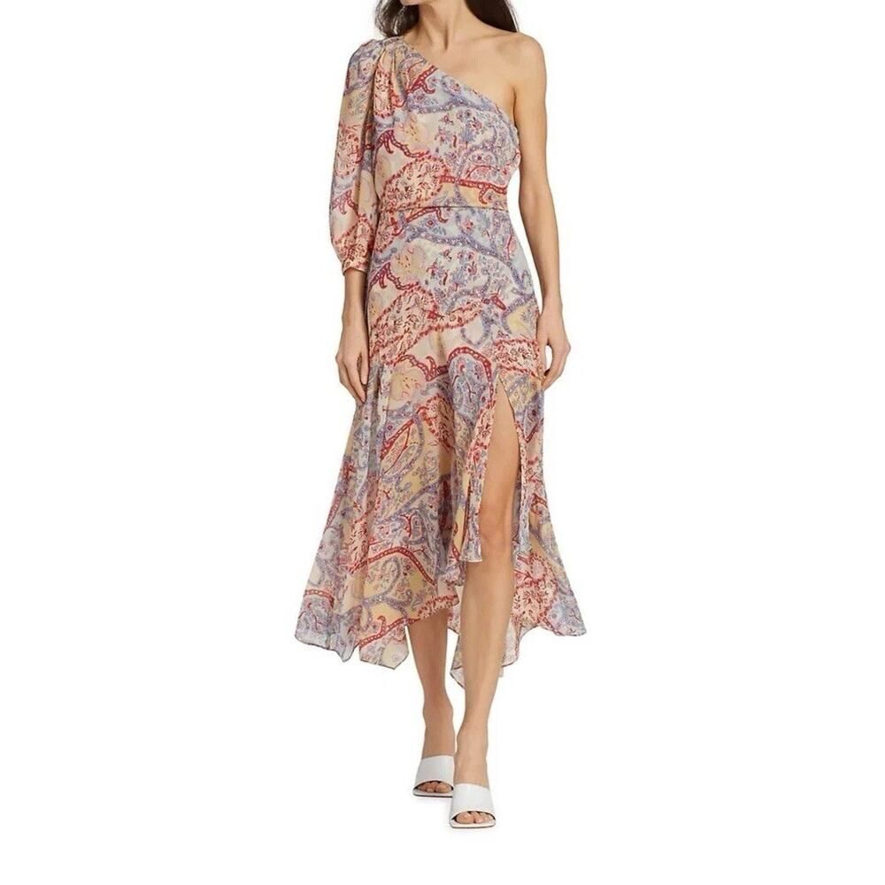 Veronica Beard Kimber Silk Paisley One-Shoulder Midi Dress Red Blue Size 6